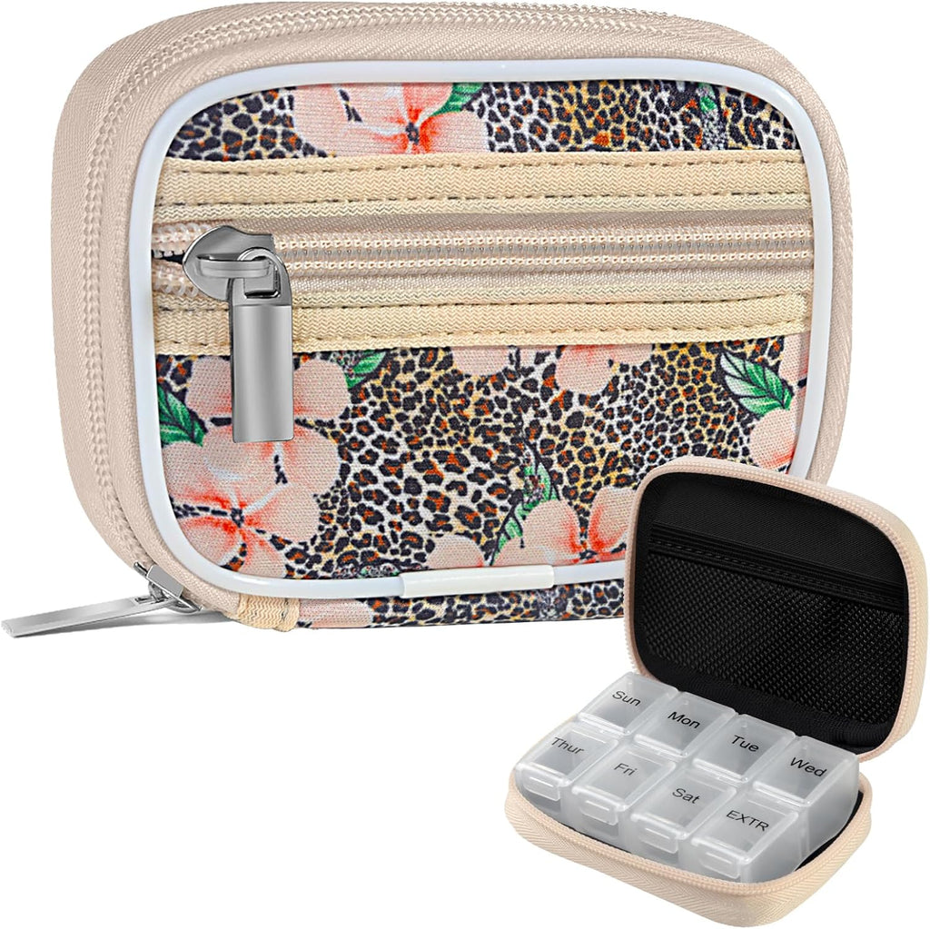Pill Case Weekly Travel Pill Organizer for Purse with Removable 7 Day Pill Box Premium Neoprene Pill Container for Travel Purse Accessory, Vitamin, Supplement, Small Pieces Arrangement-Leopard