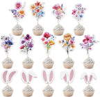 cnomg Bunny Ears Cupcake Toppers and Wildflower Cupcake Toppers-48 Pcs 2-in-1 Set: 24 Floral + 24 Easter Bunny Ears for Baby Shower, Party, Wedding, Easter Celebration