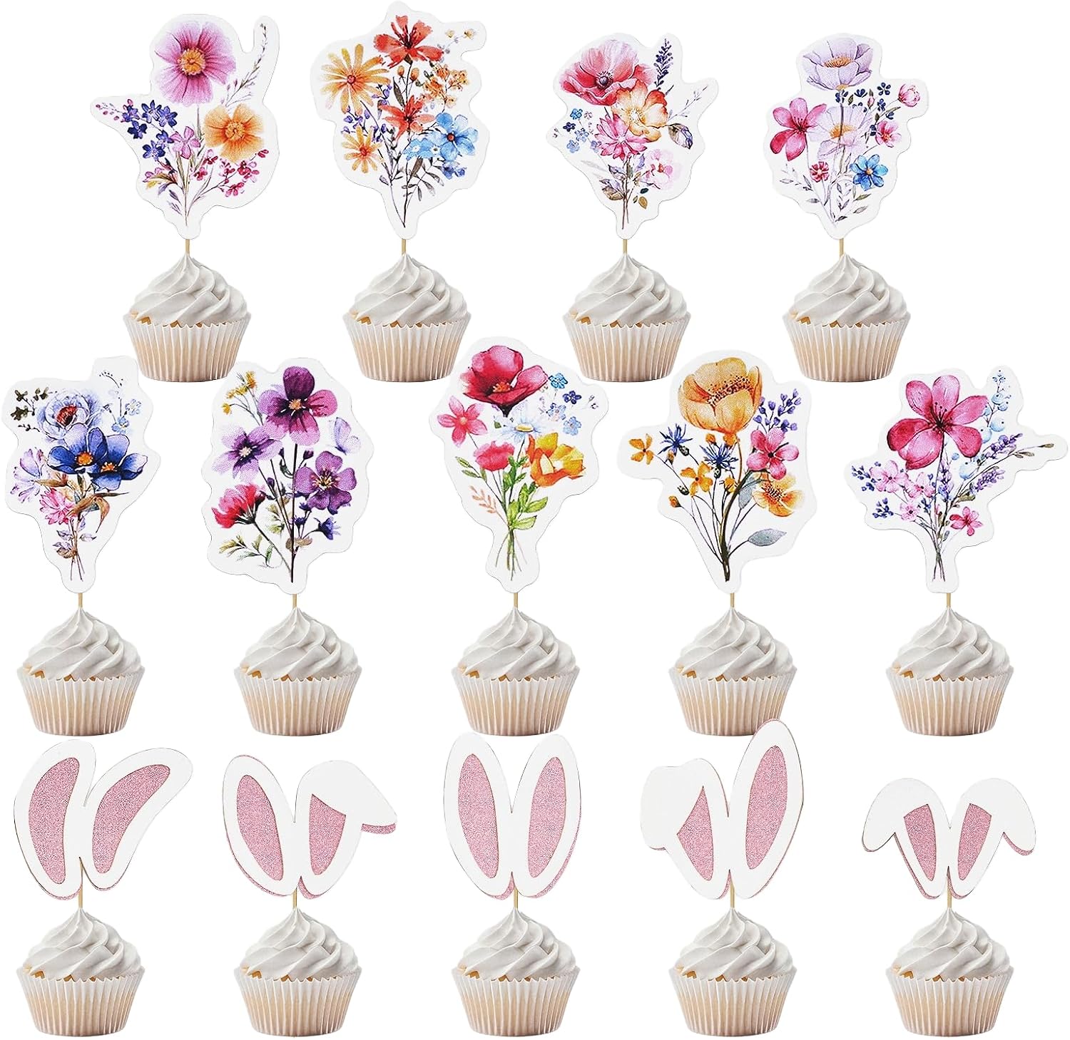 cnomg Bunny Ears Cupcake Toppers and Wildflower Cupcake Toppers-48 Pcs 2-in-1 Set: 24 Floral + 24 Easter Bunny Ears for Baby Shower, Party, Wedding, Easter Celebration