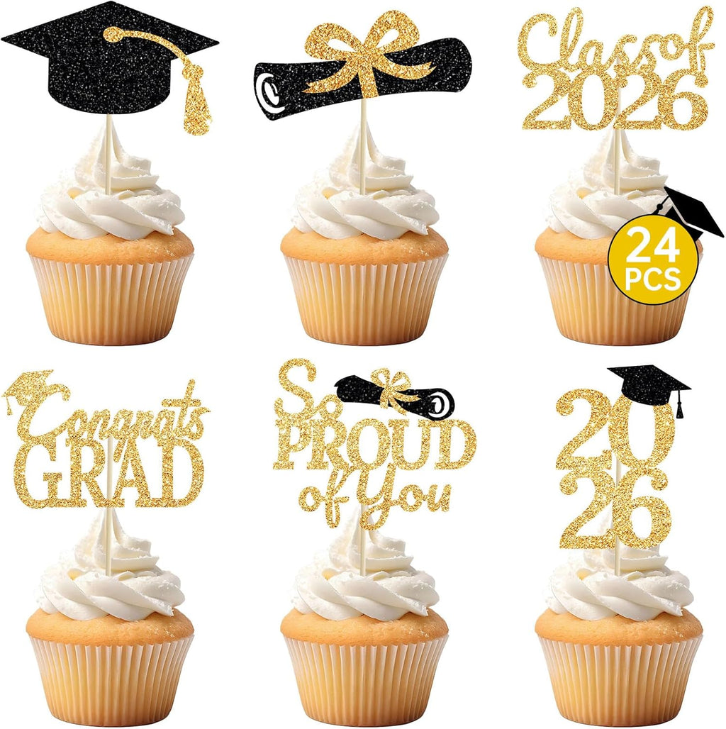 24 Pcs Graduation Cupcake Toppers 2026 - Congrats Grad Decorations Class of 2026, Pre-Assembled Black Gold Grad Cake Topper Centerpieces for Graduation Party Decoration Supplies Table Decor, 6 Styles