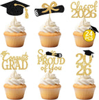 24 Pcs Graduation Cupcake Toppers 2026 - Congrats Grad Decorations Class of 2026, Pre-Assembled Black Gold Grad Cake Topper Centerpieces for Graduation Party Decoration Supplies Table Decor, 6 Styles