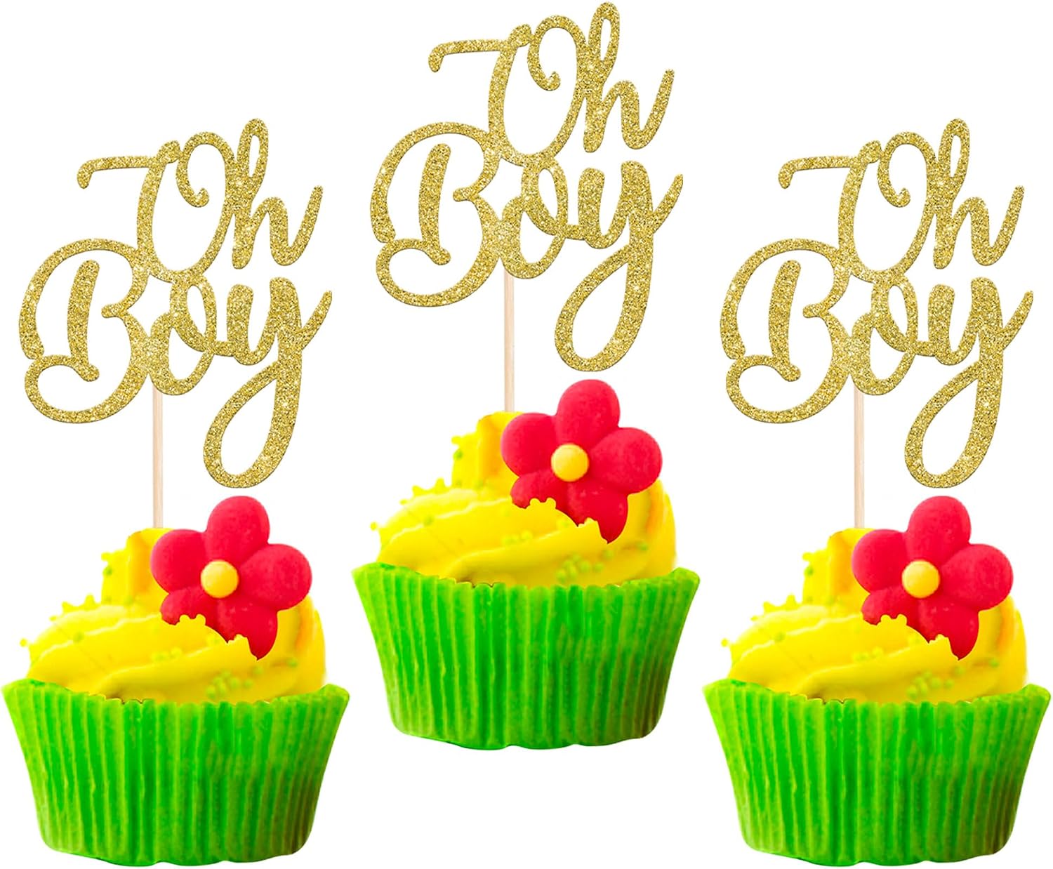 Rsstarxi 24 Pack Oh Boy Cupcake Toppers Gold Glitter Baby Shower Cake Decorations Gender Reveal It's A Boy Cupcake Picks for Celebrating Baby Boy Shower Kids Birthday Party Decorations