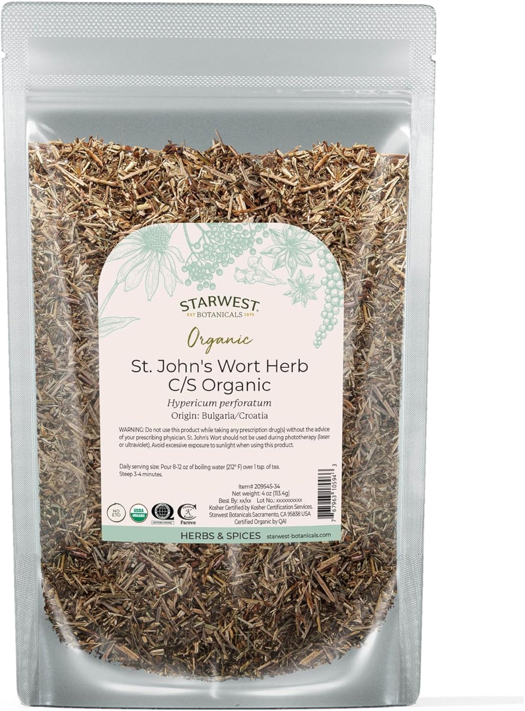 Starwest Botanicals Organic Dried St. John's Wort - Loose Leaf Herb for Tea, Made from St. John's Wort Flower, Cut & Sifted, Certified Kosher, Non-GMO - 4 oz Pouch