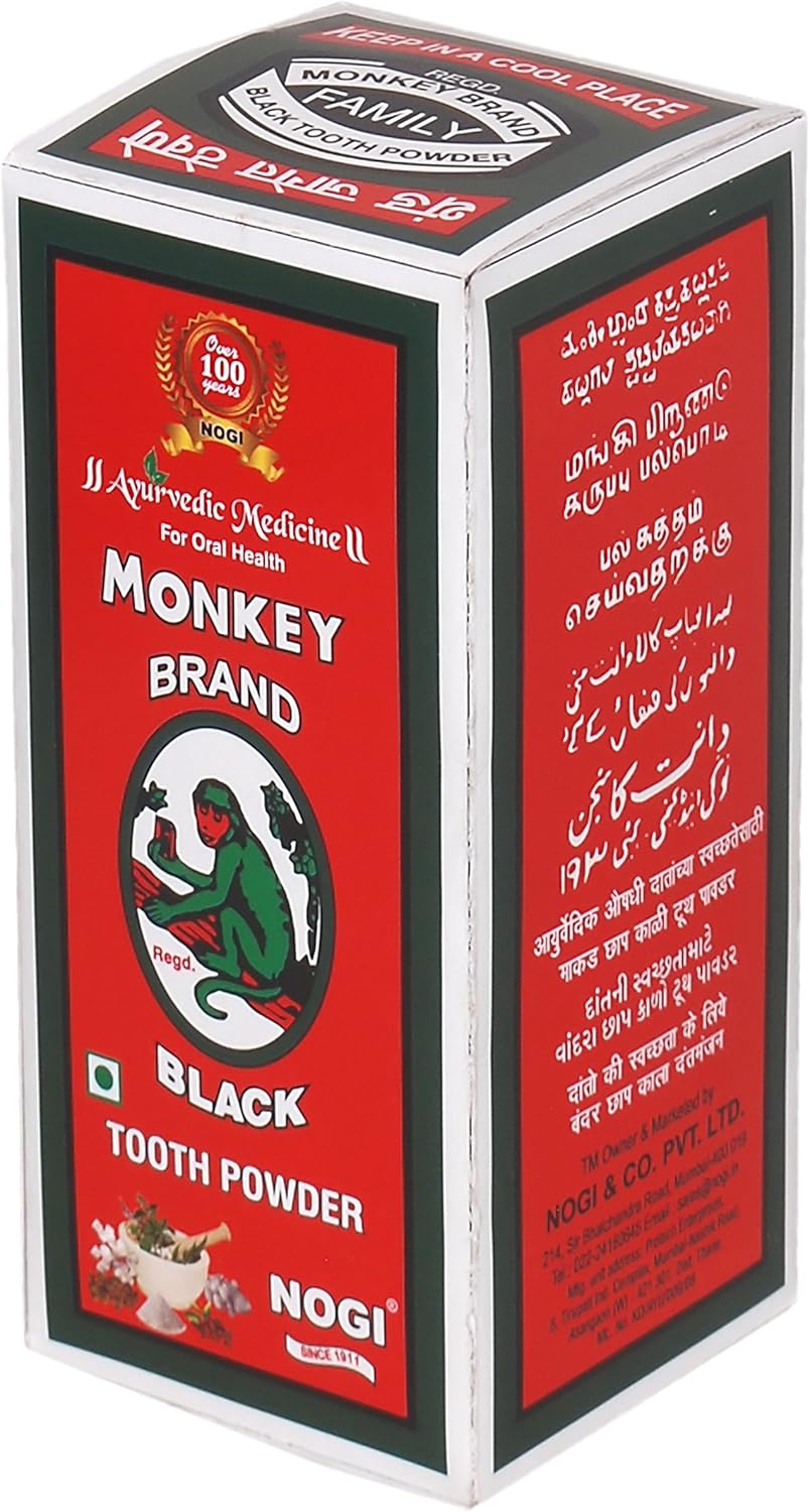 Ayurvedic medicine-Monkey Brand Black Toothpowder is made with activated neemwood charcoal and herbs based on an ancient Vedic text the Sidhayog Samhita. Natural teeth whitening and holistic oral care