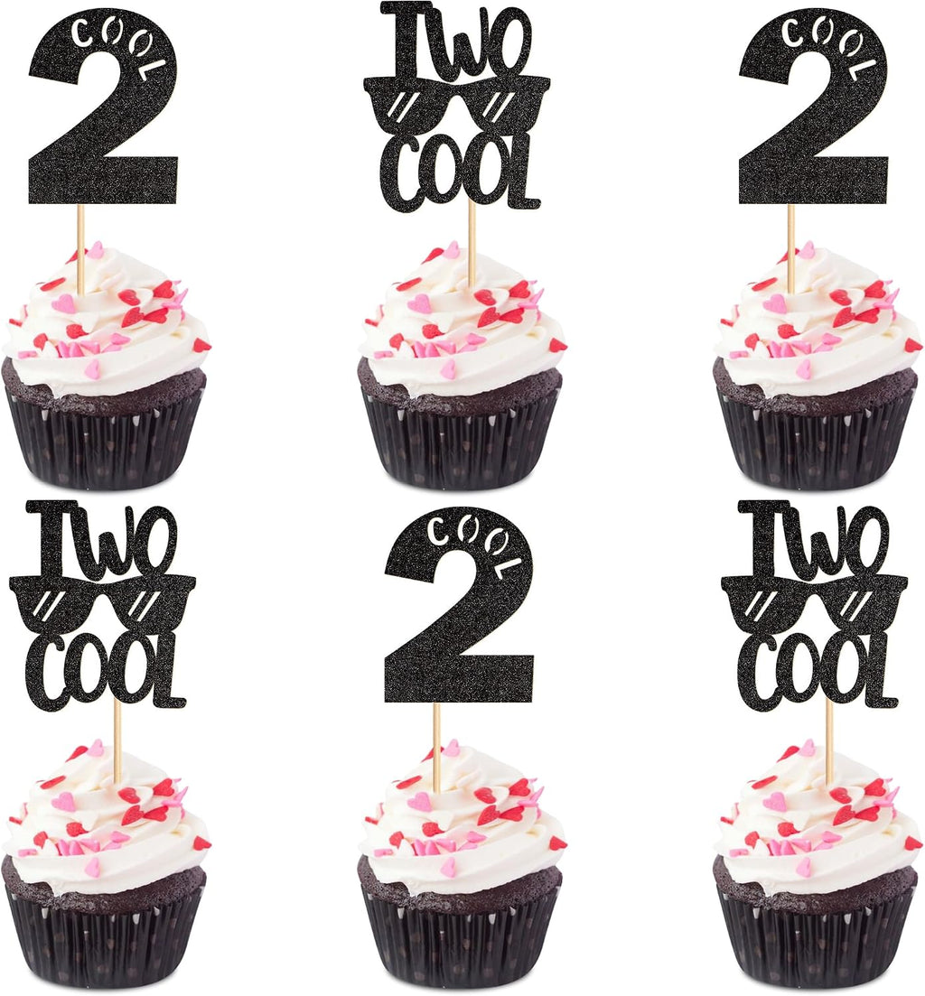 Ercadio 24 Pack Two Cool Cupcake Toppers Glitter Black Two Cool Happy 2nd Birthday Cake Picks Baby Shower Kids Second Birthday Party Cake Decorations