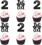 Ercadio 24 Pack Two Cool Cupcake Toppers Glitter Black Two Cool Happy 2nd Birthday Cake Picks Baby Shower Kids Second Birthday Party Cake Decorations