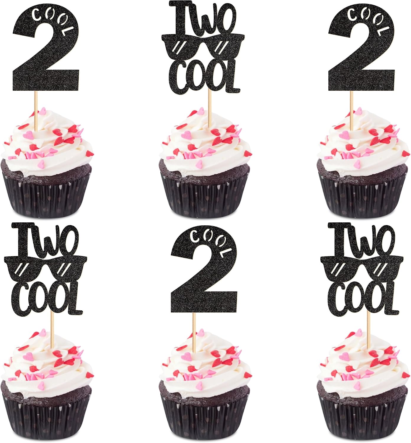 Ercadio 24 Pack Two Cool Cupcake Toppers Glitter Black Two Cool Happy 2nd Birthday Cake Picks Baby Shower Kids Second Birthday Party Cake Decorations
