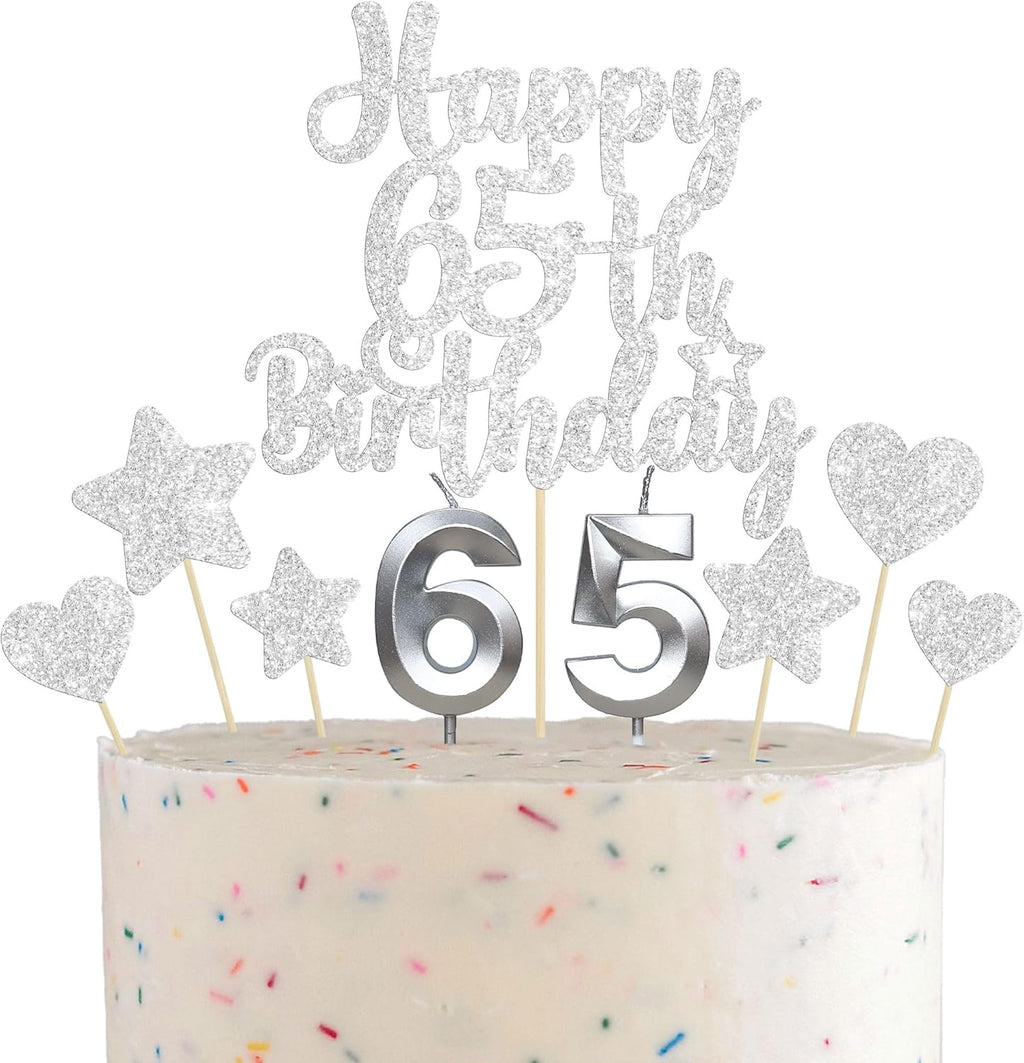 Gyufise 15Pcs Happy 65th Birthday Cake Topper Set with Heart Star Glitter Cheers to 65 Years Cake Picks Number 65 Candles Cake Decorations for Happy 65th Birthday Anniversary Party Supplies Silver