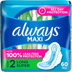 Always Maxi Feminine Pads with Wings for Women, Size 2, Long Super Absorbency, Unscented 60 Count