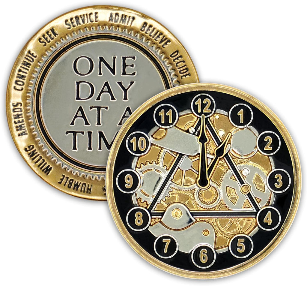 The Token Shop 12 Steps AA Coin Sobriety Chip Medallion, Clockwork One Day at a Time Alcoholics Anonymous Recovery Affirmation Token, Sober Gifts for Men and Women