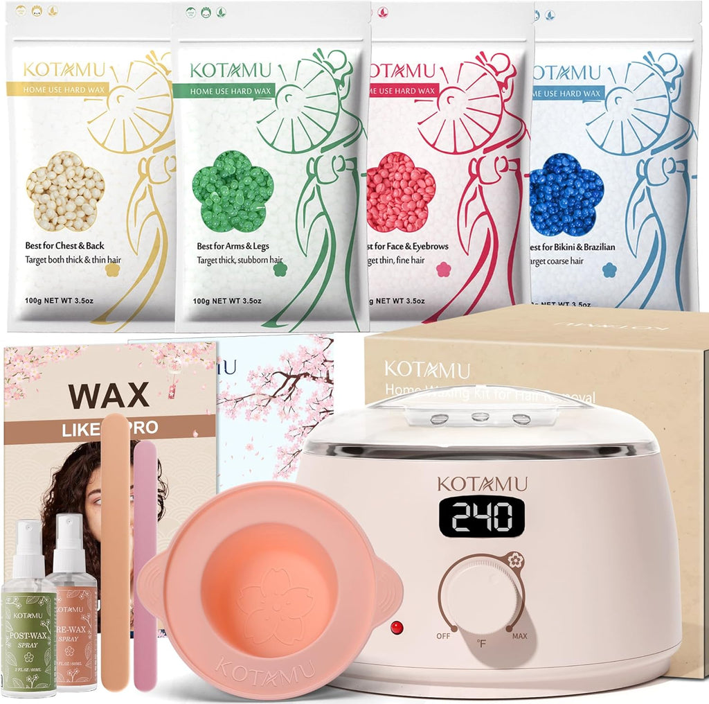 KOTAMU Waxing Kit for Women & Men, Wax Warmer for Hair Removal, Digital Wax Kit with Silicone Pot, Ideal for Face Eyebrow Arm Legs Armpit &Sensitive Skin, Pink Waxing Machine for Home Salon Use