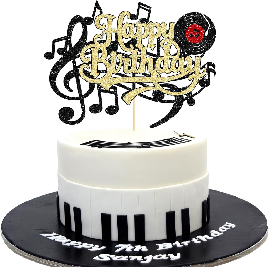 Ephlyn 1Pc Music Happy Birthday Cake Topper Gold Black Glitter Musical Symbol CD Cake Pick Music Cake Decorations for Concert Singer Theme Baby Shower Birthday Party Decorations Supplies