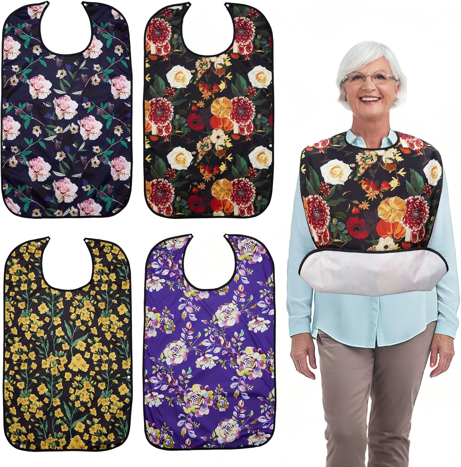 4-Pack Waterproof Adult Bibs for Women, 18"x30" Clothing Protector with Crumb Catcher - Adjustable Bib for Adults for Eating, Elderly Gifts for Seniors Women and People with Special Needs