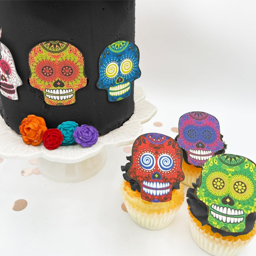 Large Edible Sugar Skulls Assorted Set of 12 - Wafer Cake & Cupcake Toppers - edible sugar skulls for cake decorating - Dia De Los Muertos & Halloween cupcake toppers