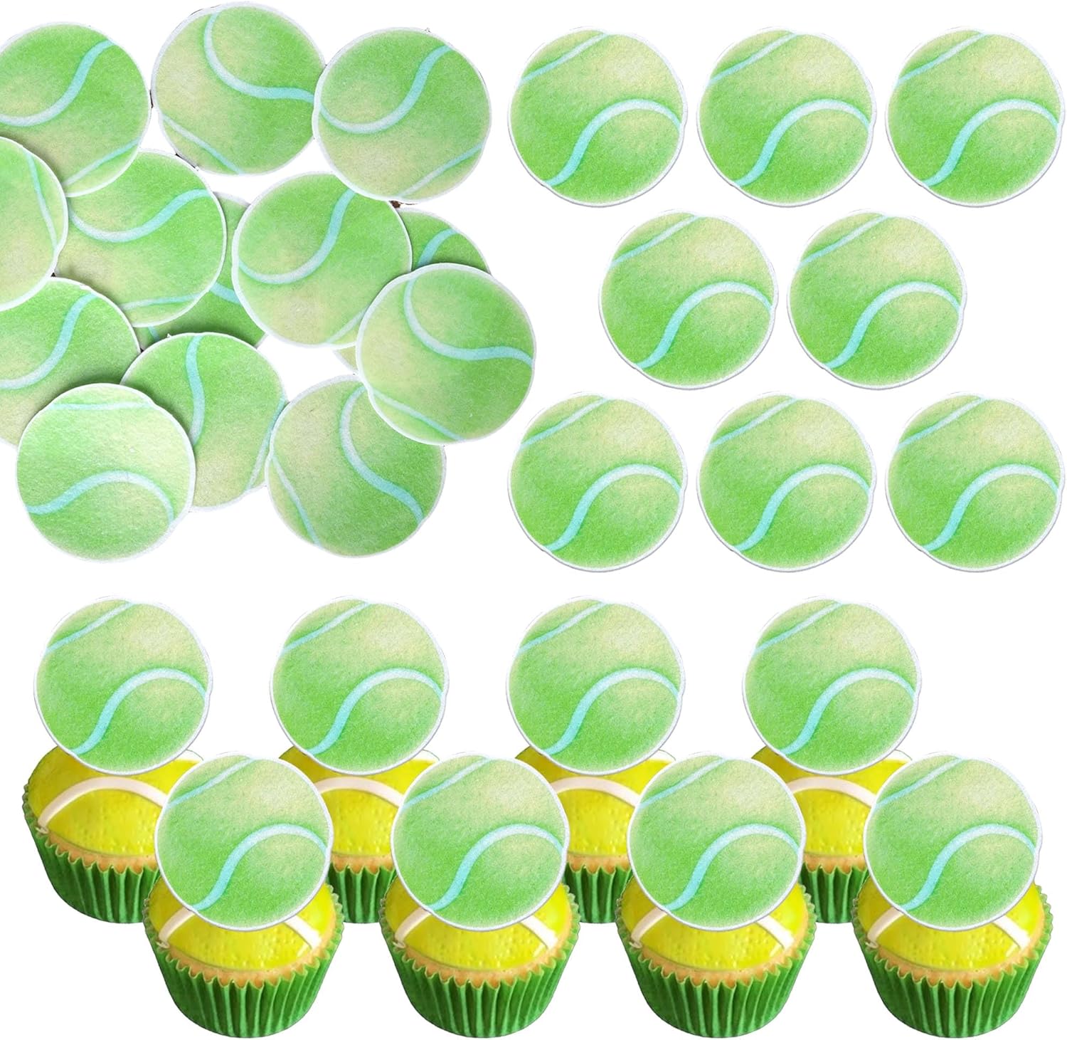 60 Pack Edible Tennis Balls Cupcake Toppers Wafer Paper Sports Ball Cupcake Picks Decoration for Tennis Sports Ball Theme Baby Shower Birthday Party Cake Decorations Supplies