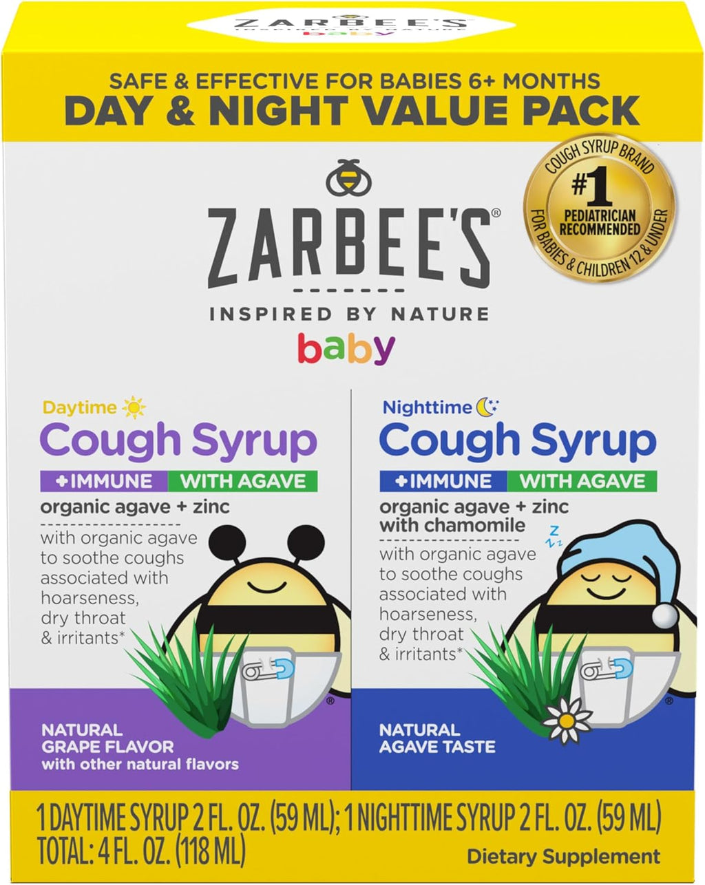 Zarbee's Baby Daytime & Nighttime Cough Syrup + Immune with Organic Agave + Zinc, Grape with Chamomile, Agave Taste, Two Pack, 2 x 2 fl. oz