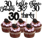 30 Pack 30th Birthday Cupcake Toppers Glitter Thirty Cheers to 30 Cupcake Picks Hello 30 Years Birthday Cupcake Decorations for Happy 30th Birthday Anniversary Party Supplies Black