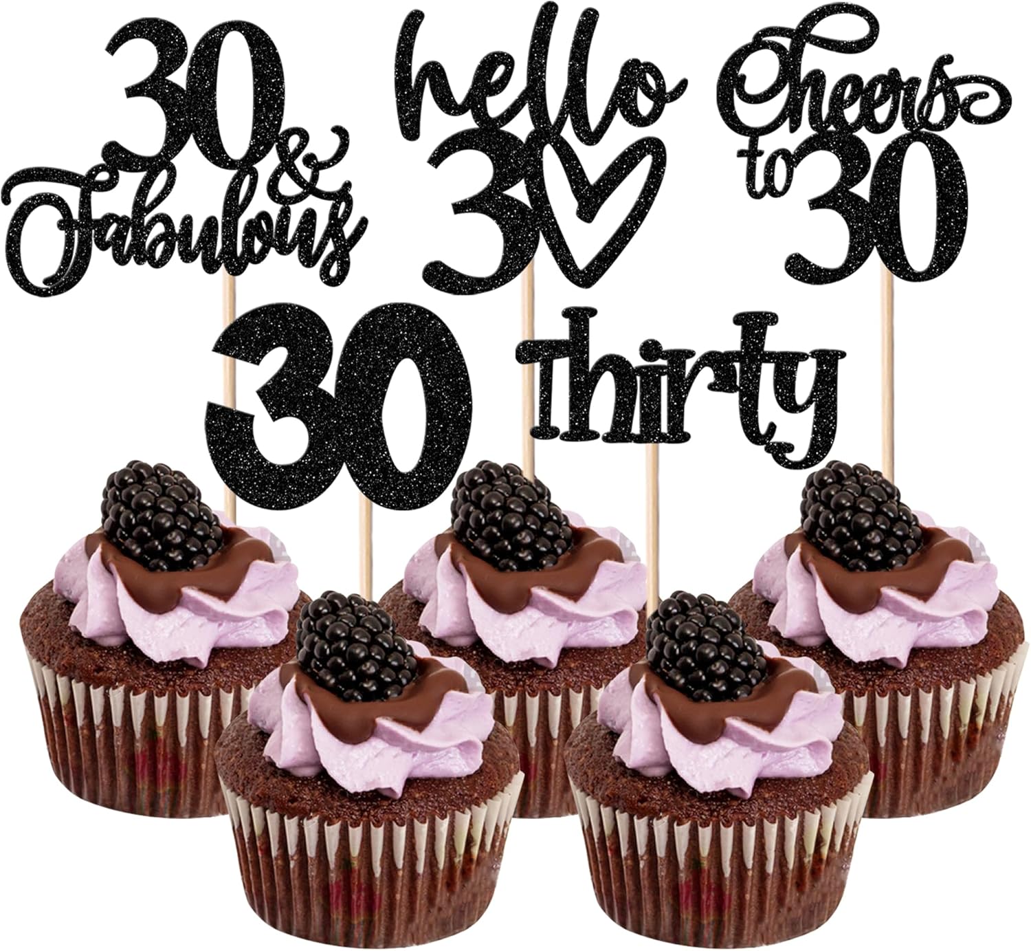 30 Pack 30th Birthday Cupcake Toppers Glitter Thirty Cheers to 30 Cupcake Picks Hello 30 Years Birthday Cupcake Decorations for Happy 30th Birthday Anniversary Party Supplies Black