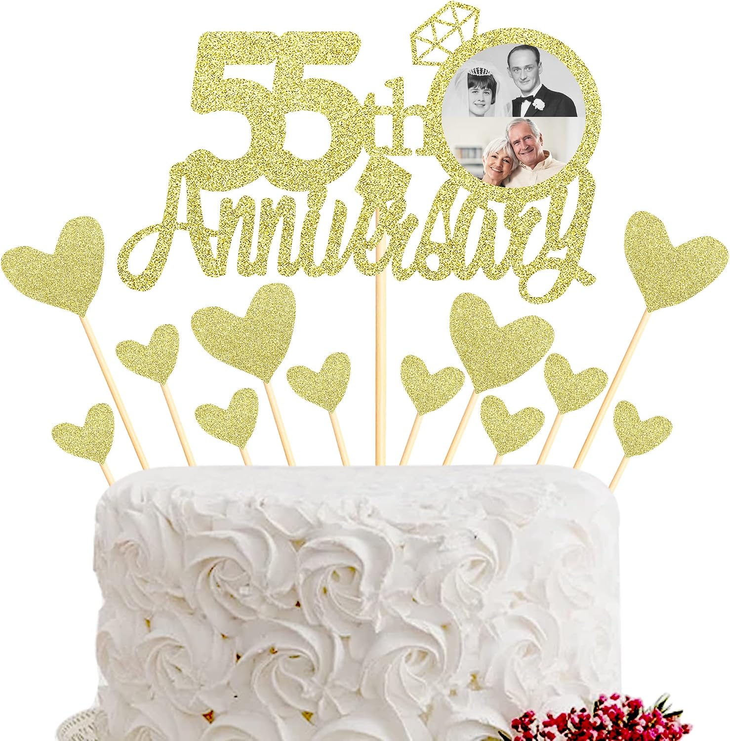Sumerk 13 PCS Gold Glitter 55th Anniversary Cake Topper Happy 55th Anniversary Wedding Anniversary Cake Decorations