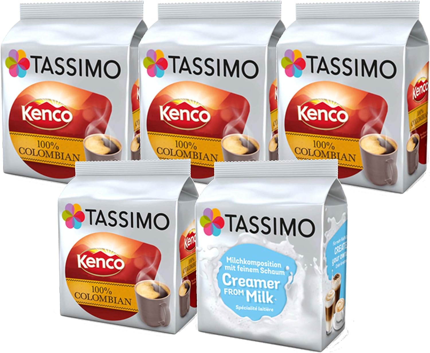 Tassimo Kenco Bundle - Kenco Colombian/Milk Creamer Pods - 5 Packs (64 Drinks)