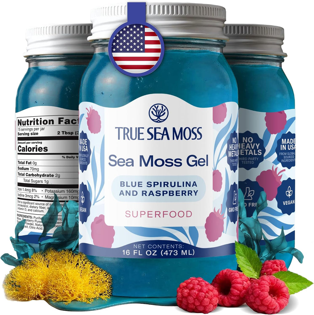 TrueSeaMoss Sea Moss Gel – Made in USA – Wildcrafted Seamoss, Fruits & Jarred Vegetables – Blue Spirulina, Pack of 1 (Labels may Vary)