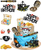 28 Pieces Pirate Ship Cake Topper Pirate Birthday Party Decorations Pirate Party Favors Gold Coins Pirate Gems Treasure Chest Compass Telescope for Pirate Theme Party Supplies