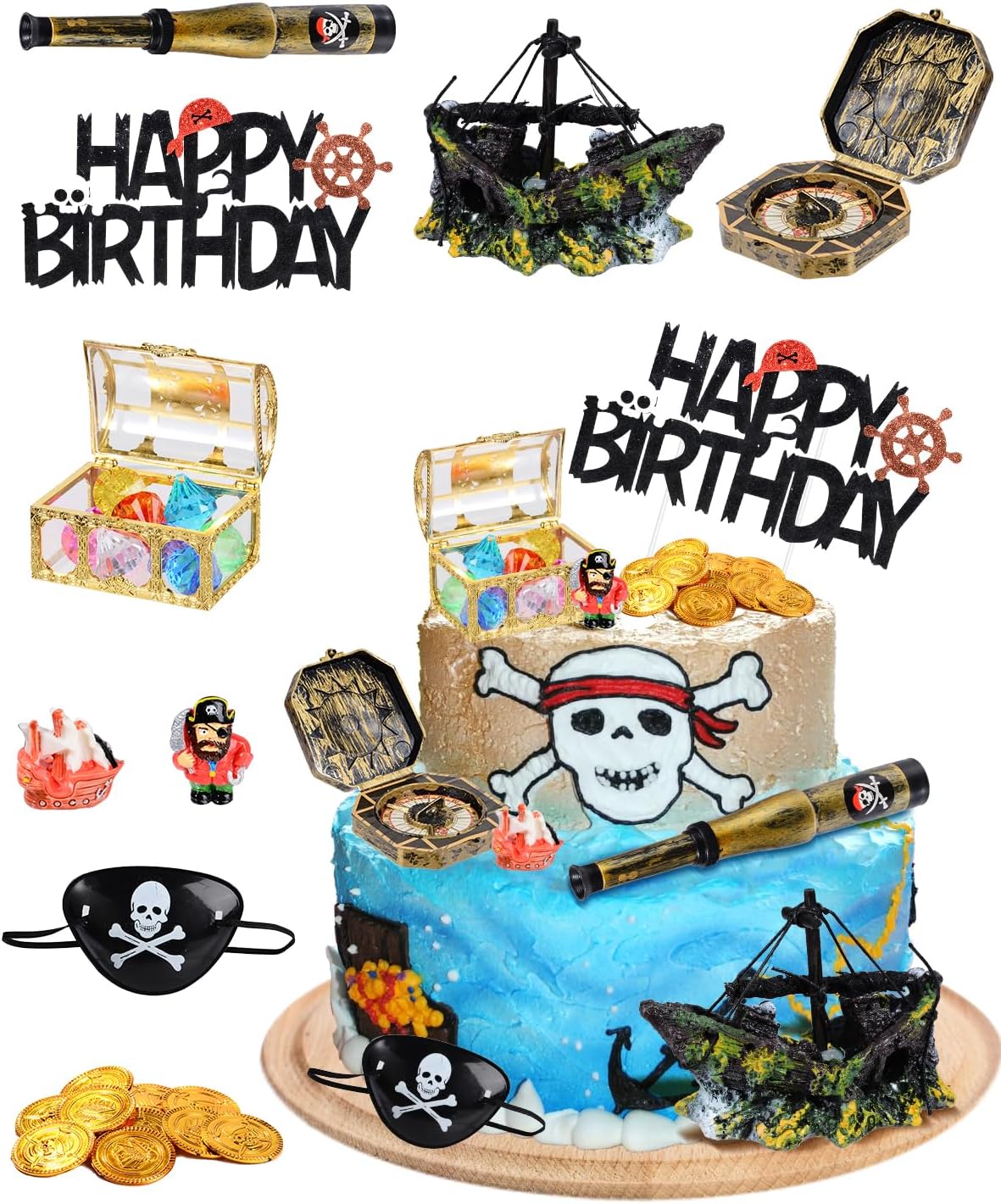 28 Pieces Pirate Ship Cake Topper Pirate Birthday Party Decorations Pirate Party Favors Gold Coins Pirate Gems Treasure Chest Compass Telescope for Pirate Theme Party Supplies