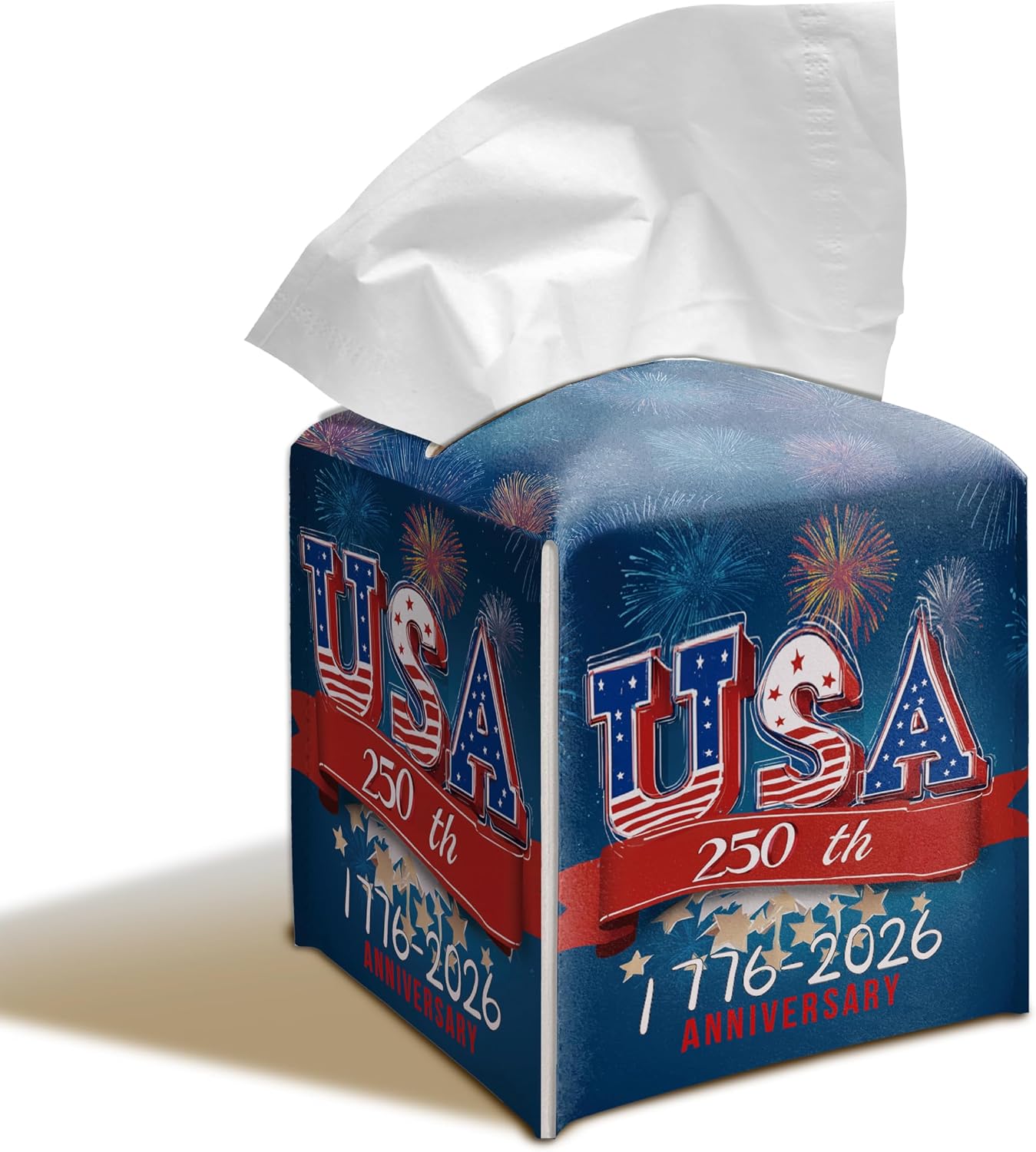 USA 250th Anniversary Patriotic Square Tissue Box Cover, 5.2" PU Leather Tissue Box Holder with Fireworks American Flag Design, Hand-Stitched Decorative Cube Tissue Box Cover for Home Car Office