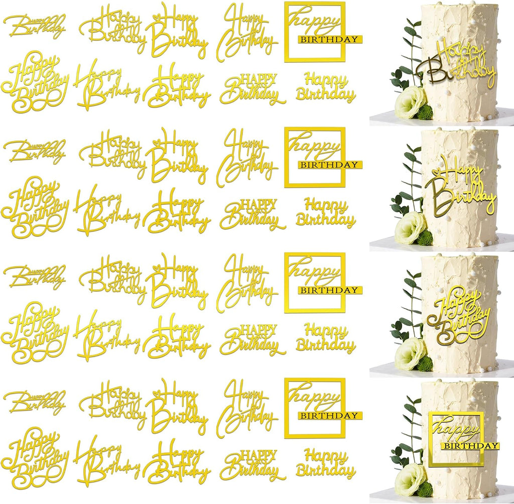 40 PCS Gold Happy Birthday Cake Toppers Mirror Acrylic Toppers with 10 Styles or Birthday Party Cake Desserts Pastries