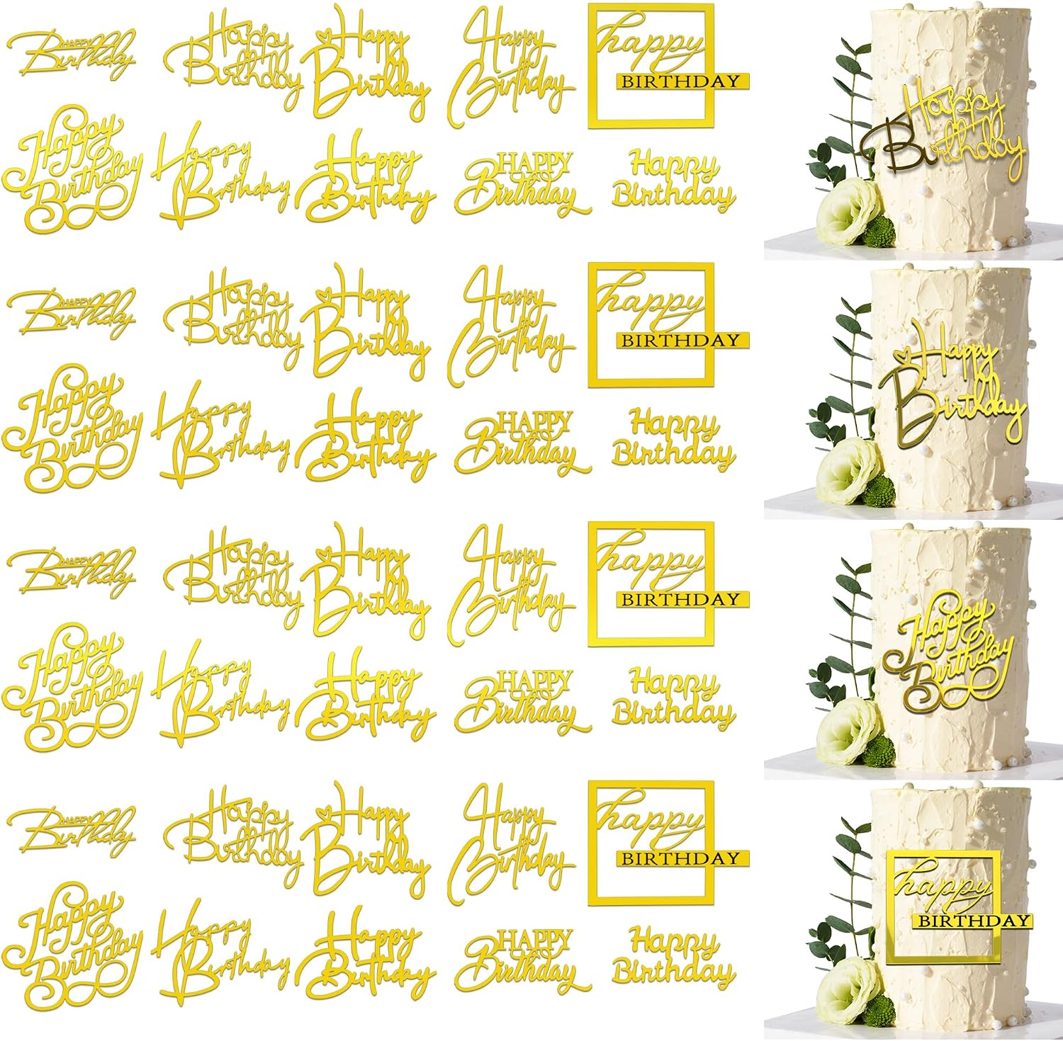 40 PCS Gold Happy Birthday Cake Toppers Mirror Acrylic Toppers with 10 Styles or Birthday Party Cake Desserts Pastries