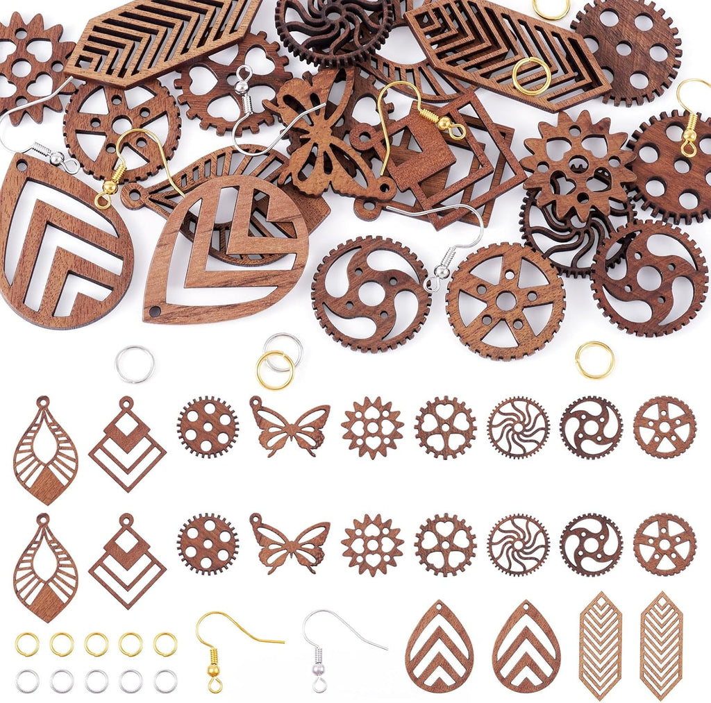 Elecrelive 11 Pairs Wooden Dangle Earring Kits Leaf Rhombus Butterfly Gear Wood Earring Pendants Natural Wooden Charms with Earring Hooks for Jewelry Craft Making