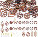 Elecrelive 11 Pairs Wooden Dangle Earring Kits Leaf Rhombus Butterfly Gear Wood Earring Pendants Natural Wooden Charms with Earring Hooks for Jewelry Craft Making