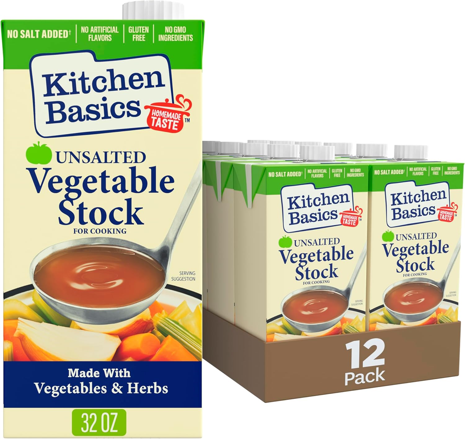 Kitchen Basics Unsalted Vegetable Stock, 32 oz (Pack of 12) For Delicious Dishes and Enhanced Flavors, Great for Vegetarian Recipes