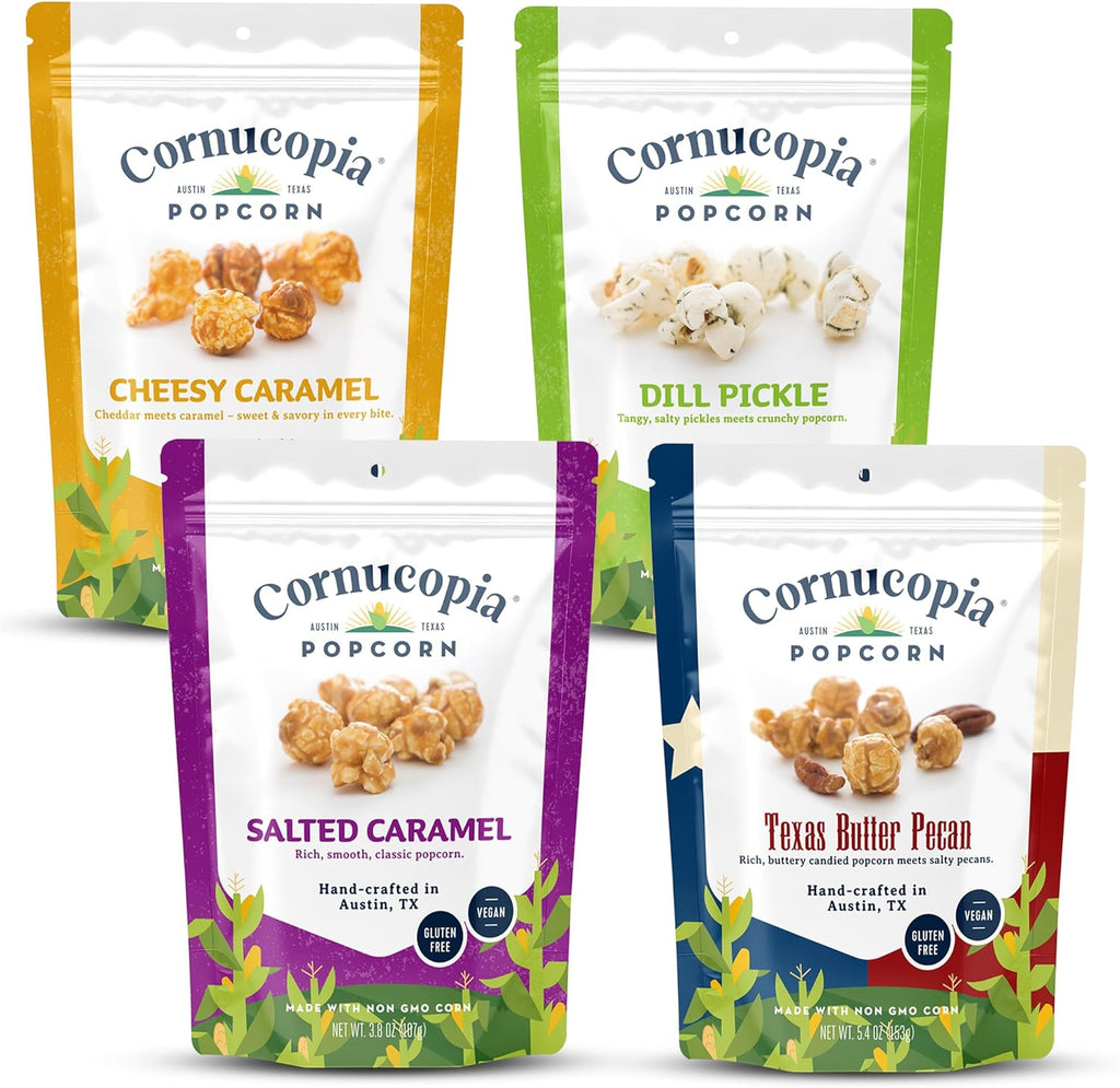 Cornucopia Popcorn Variety Pack – Gourmet Popcorn from Austin. Four Flavors: Salted Caramel, Cheesy Caramel, Butter Pecan & Dill Pickle. Handcrafted, Gluten-Free & Irresistibly Delicious 4-Bag Set