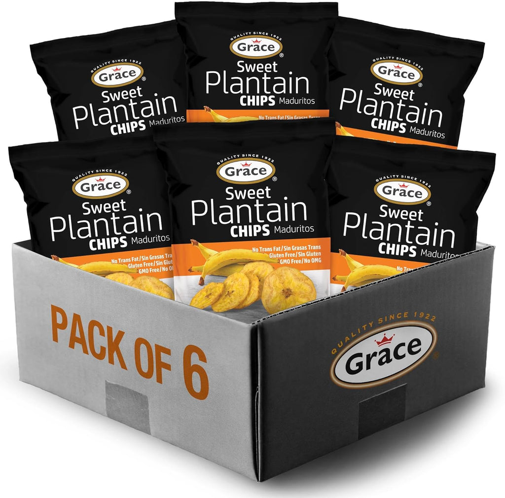 Grace Sweet Plantain Chips 2.5oz - 6 Pack Individual Bags - Jamaican Snacks - Caribbean Gluten Free Banana Platanitos - Non-GMO & No Trans Fat - Low Sodium Chips