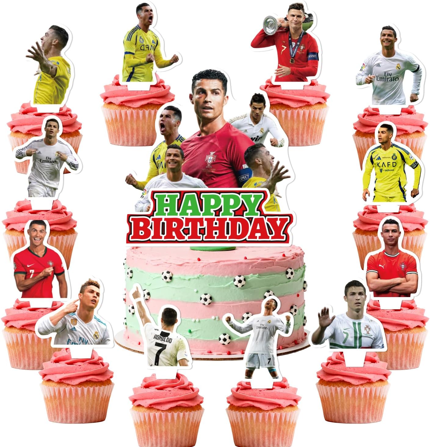 25Pcs Soccer Ronaldo Birthday Party Supplies Pack Includes 1 Cake Topper 24 Cupcake Toppers for Soccer Ronaldo Party Supplies