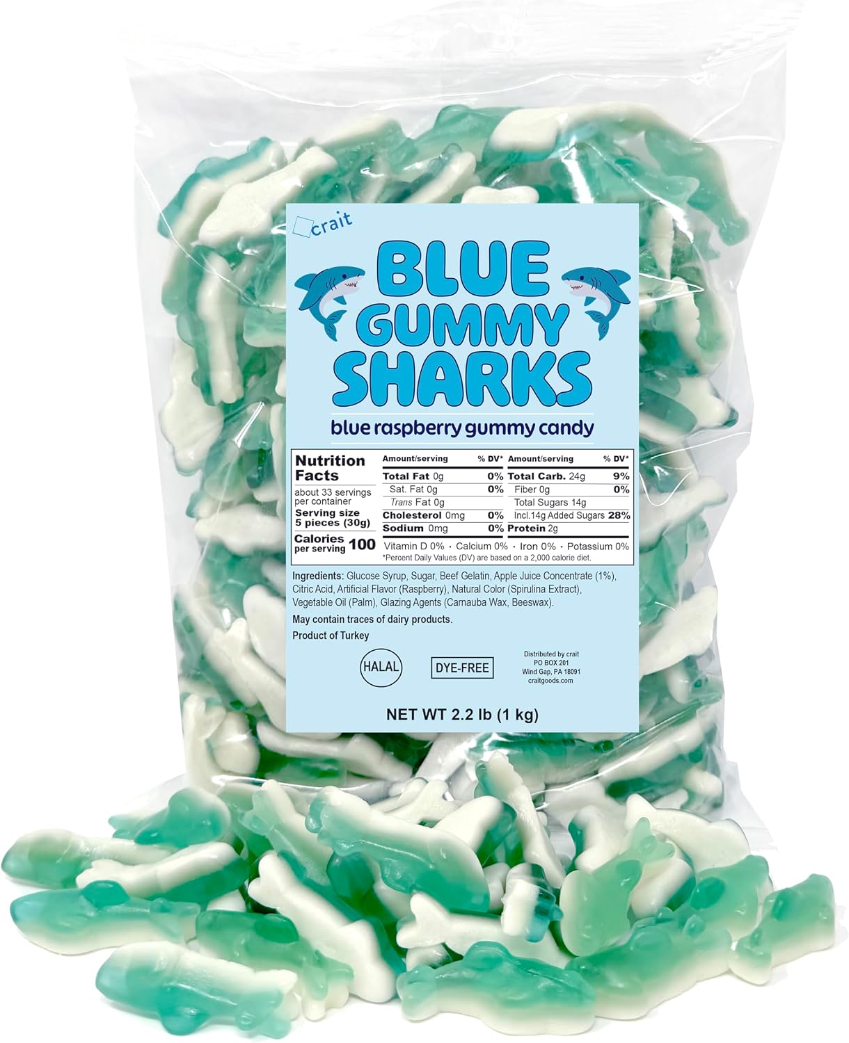 Gummy Sharks Bulk Bag Dye Free Candy, Halal Gummies Fruit Flavored Gummy Sharks 2.2 Pounds