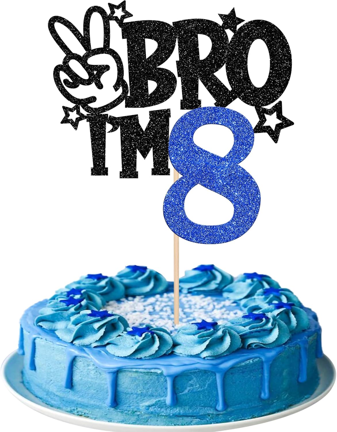 1 PCS Brother I'm 8 Cake Topper Glitter Star Happy 8th Birthday Cake Pick Bro I'm 8 Cake Decoration It's My 8th Birthday Decorations for Boys Cheers to 8 Years Old Birthday Party Supplies Blue