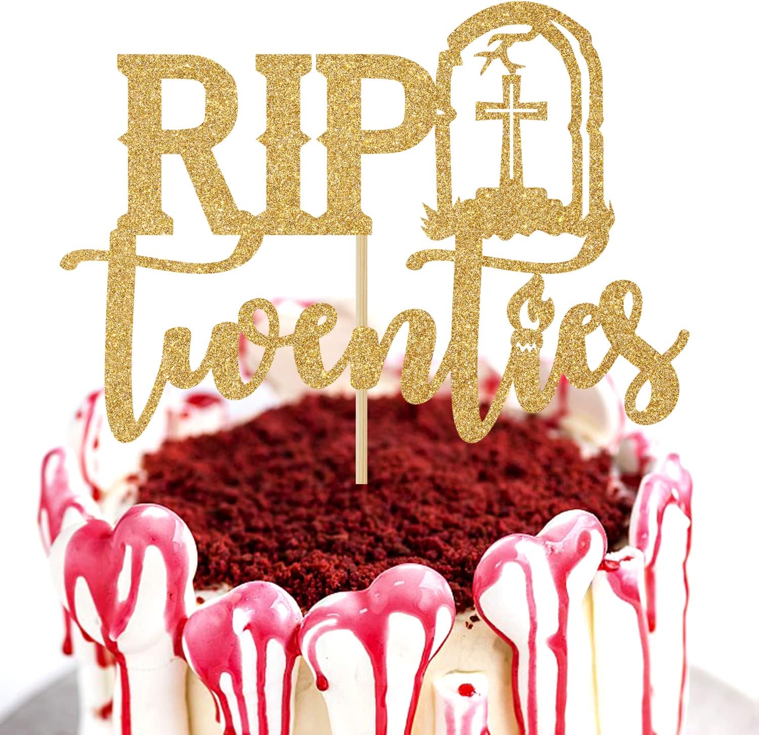 Rip Twenties Cake Topper, Death to My Twenties/Funeral for My Youth Cake Decorations, Old English Themed 30th Birthday Party Decorations Supplies for Men Women, Gold Glitter