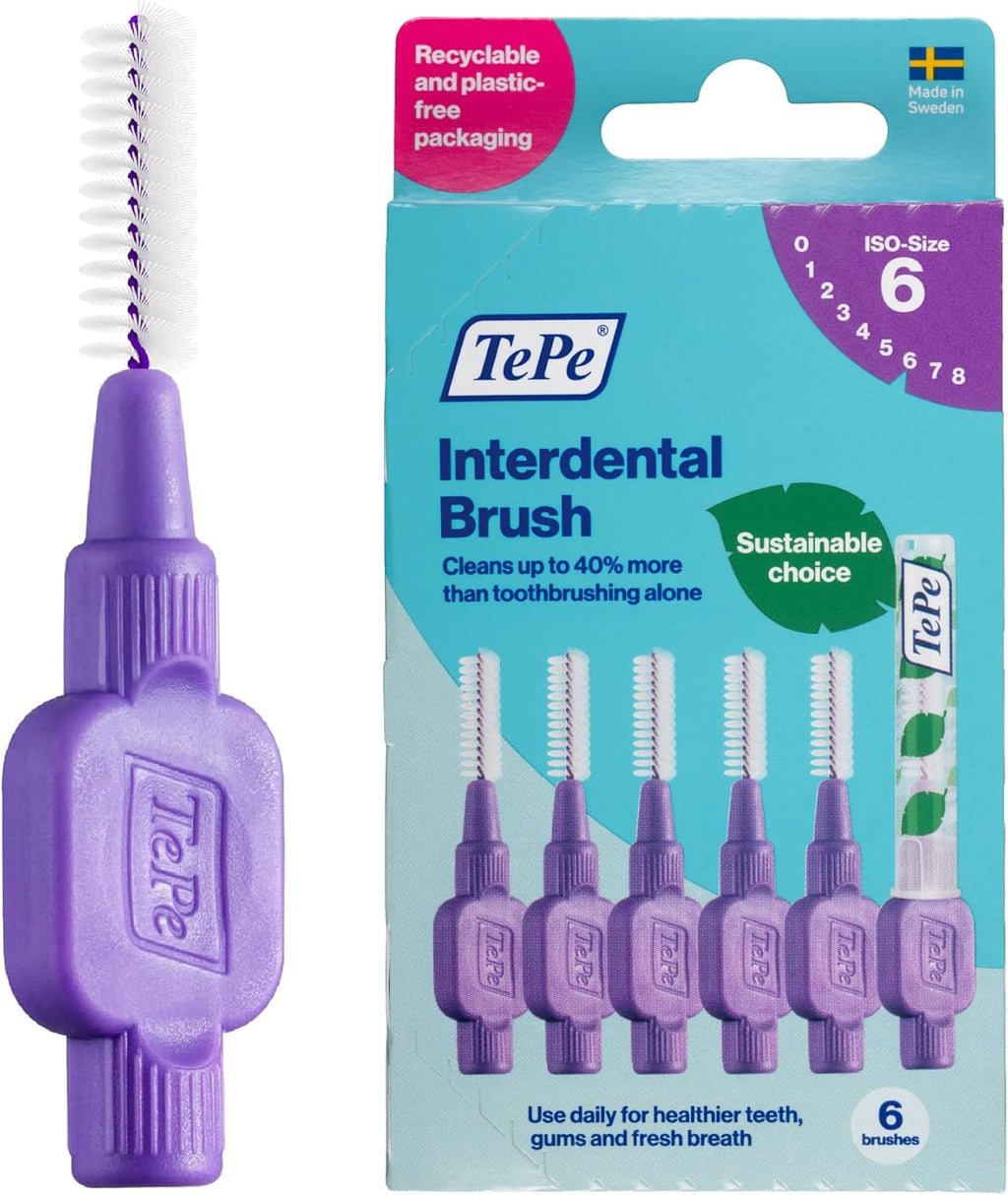 TePe Interdental Brush Original, Soft Dental Brush for Teeth Cleaning, Pack of 6, 1.1 mm, Large Gaps, Purple, Size 6