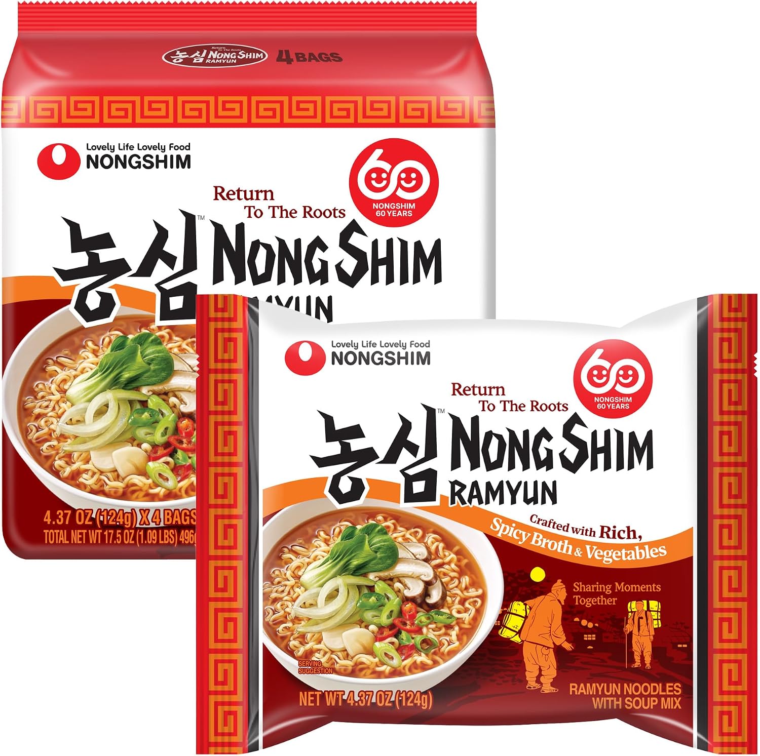 Nongshim Ramyun Noodles, Rich Spicy Vegetable Broth, Korean Classic Recipe, Deeply Simmered, Quick & Easy, Pantry Staples, 4.37 oz (Pack of 4) | Korean Instant Ramen, Vegetable Broth, Quick & Easy Meal