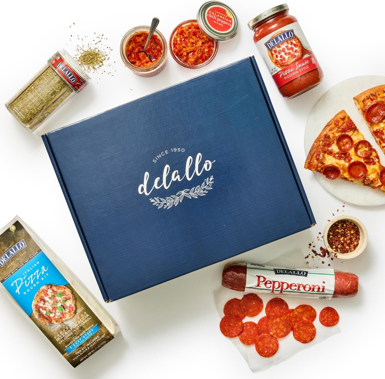 DeLallo Gourmet Pizza Kit Gift Basket, Includes Full-Sized Dough Kit, Tomato Sauce, Pepperoni Stick, and Premium Toppings, Italian Gift Basket for Pizza Lovers