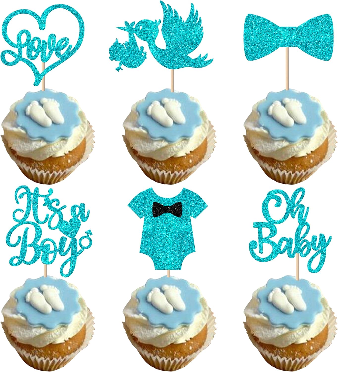 Rsstarxi 24 Pack It's a Boy Cupcake Toppers Oh Baby Shower Cake Toppers Decorations Blue Tie Cupcake Picks for Gender Reveal Baby Shower Boy Birthday Party Cake Decorations Blue