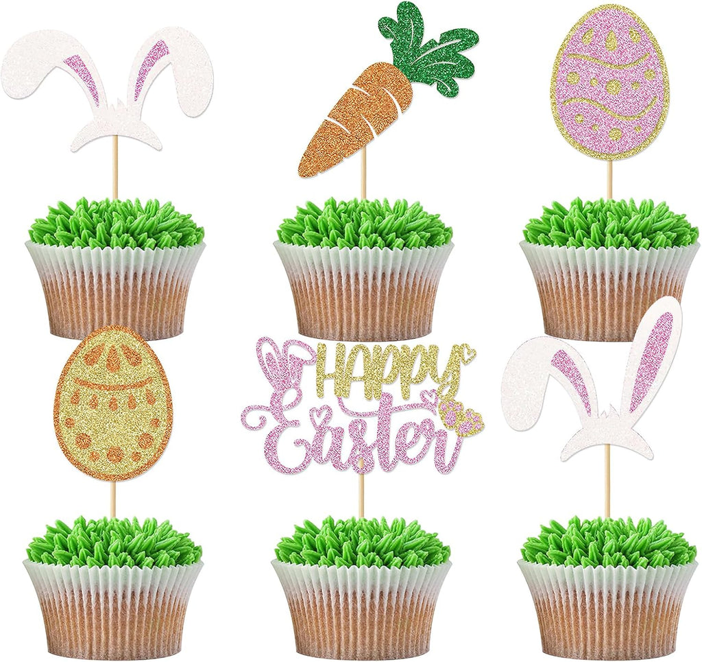 24 Pcs Easter Cupcake Toppers Glitter Rabbit Theme Bunny Ears Carrot Egg Cake Toppers Picks for Bunny Happy Easter Baby Shower Spring Birthday Party Cake Decorations