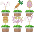 24 Pcs Easter Cupcake Toppers Glitter Rabbit Theme Bunny Ears Carrot Egg Cake Toppers Picks for Bunny Happy Easter Baby Shower Spring Birthday Party Cake Decorations