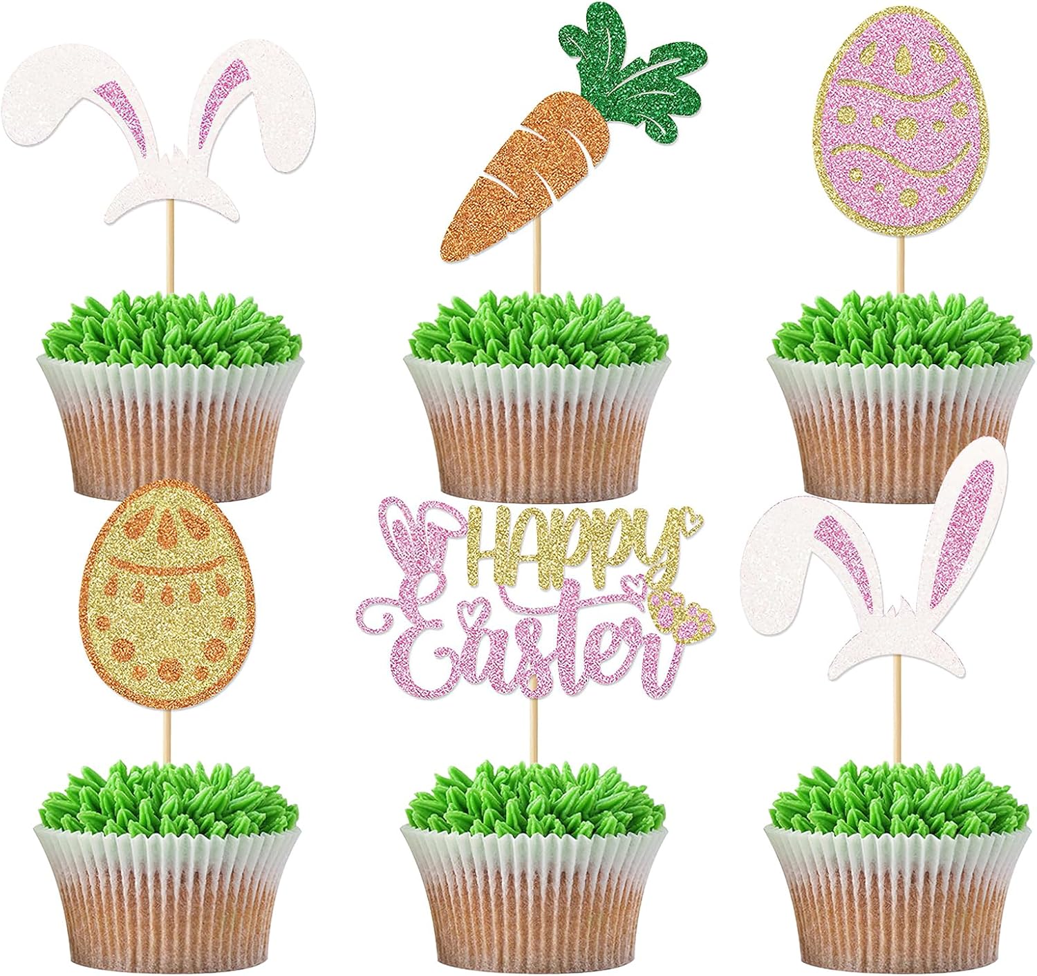 24 Pcs Easter Cupcake Toppers Glitter Rabbit Theme Bunny Ears Carrot Egg Cake Toppers Picks for Bunny Happy Easter Baby Shower Spring Birthday Party Cake Decorations
