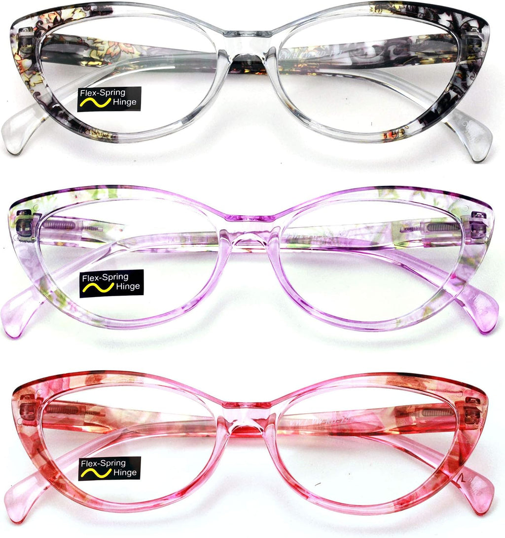 3 Pairs Lot Women Cateye Translucent Clear Floral Pattern Fashion Reading Glasses Reader