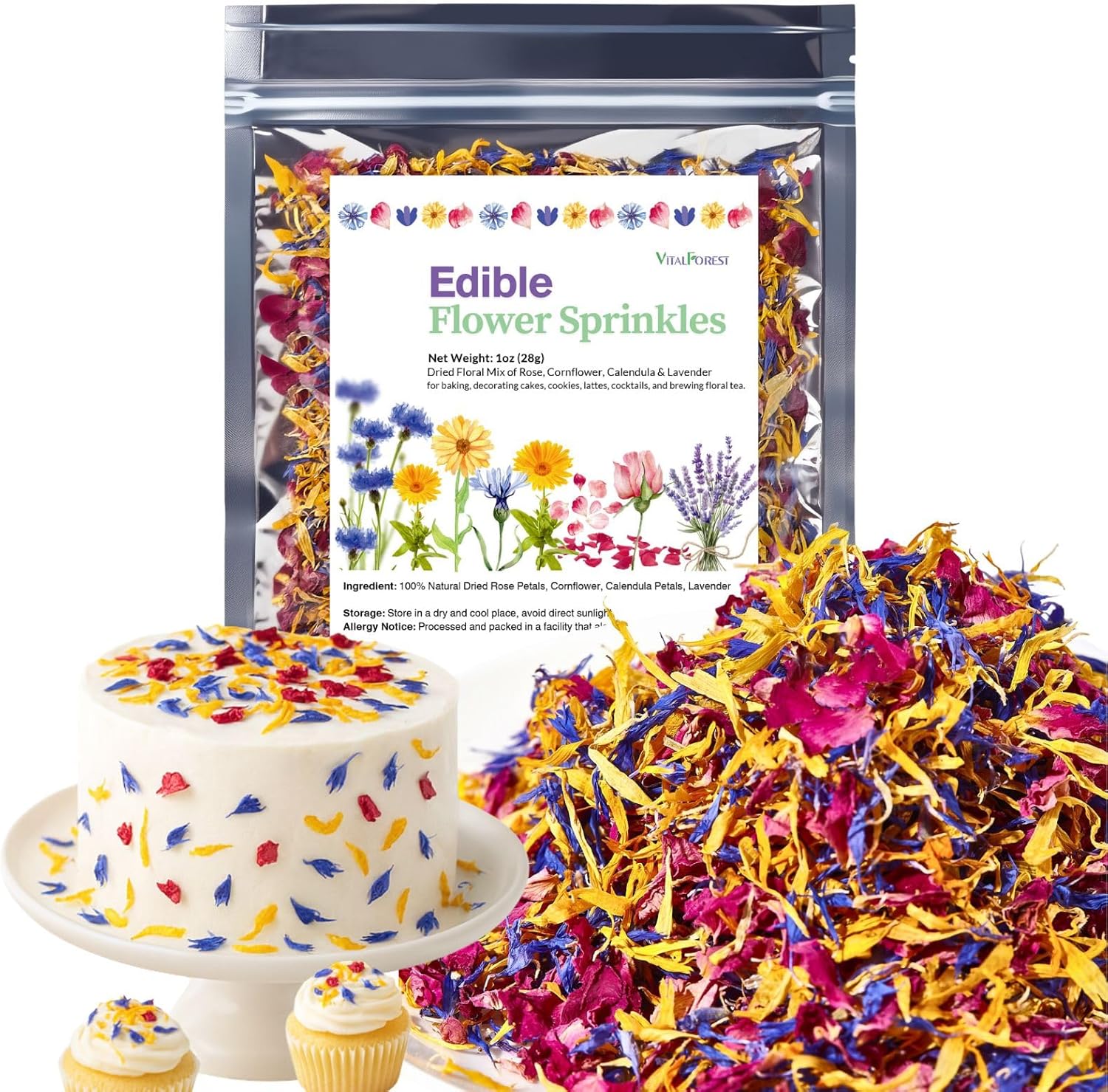 Edible Flower Sprinkles for Cake Decorating– 1oz Dried Edible Flowers Mix Rose, Cornflower, Calendula, Lavender– Edible Cake Decorations, Cupcake Sprinkles Flower for Drinks, Cocktails & Desserts