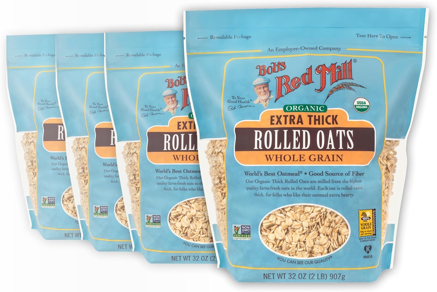 Bob's Red Mill Organic Extra Thick Rolled Oats, 32oz (Pack of 4) - Non GMO, Whole Grain, Vegan, Kosher