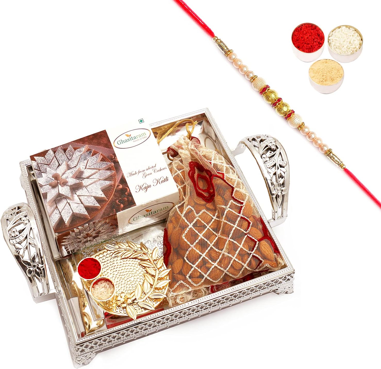 Ghasitaram Gifts Rakhi Gifts for Brothers Silver Tray with Kaju Katli, Almonds and Mini Pooja Thali with Pearl Rakhi